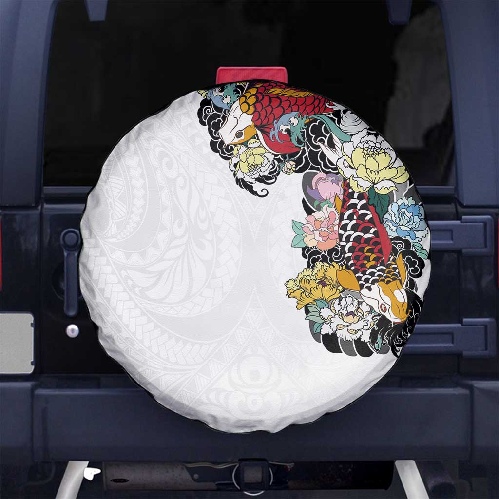 Hawaiian and Japanese Together Spare Tire Cover Colorful Traditional Japanese Tattoo and Kakau Pattern White Color LT03 - Polynesian Pride