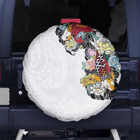 Hawaiian and Japanese Together Spare Tire Cover Colorful Traditional Japanese Tattoo and Kakau Pattern White Color LT03 - Polynesian Pride