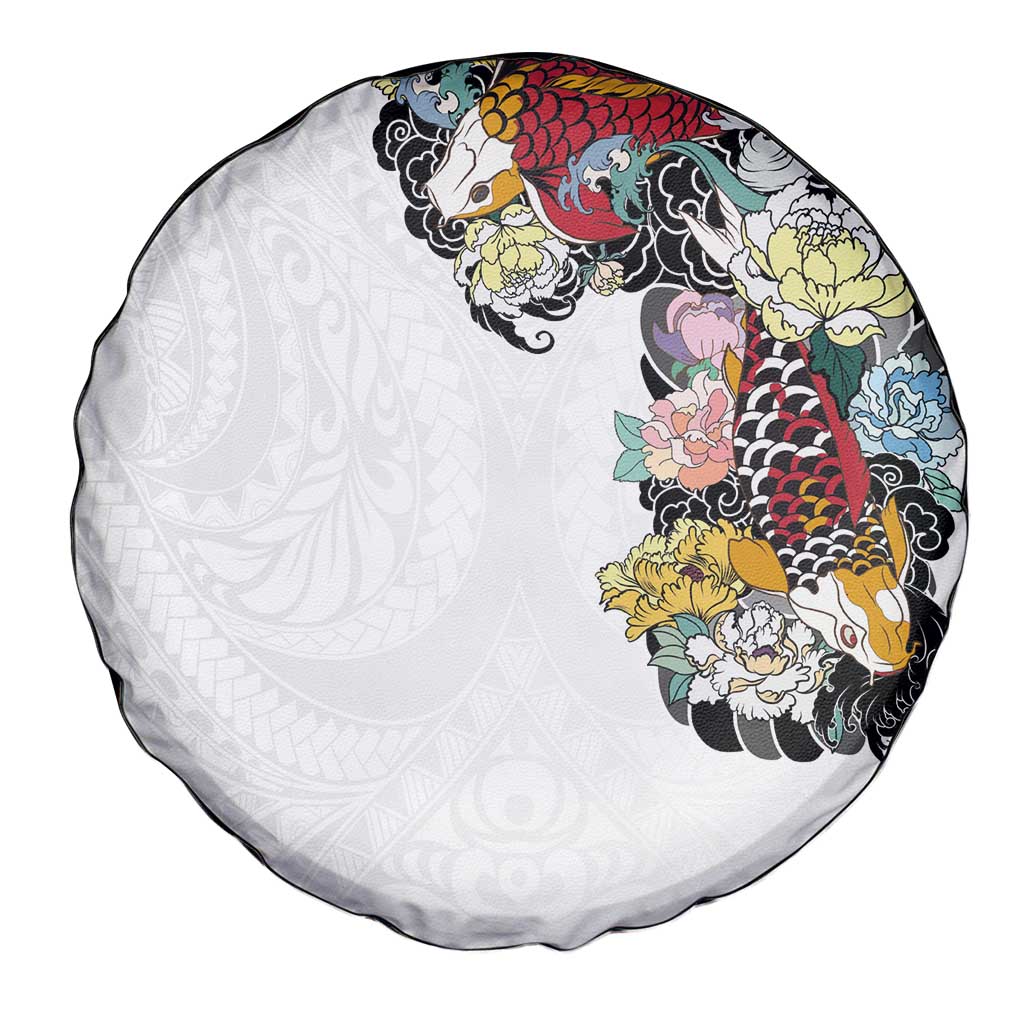 Hawaiian and Japanese Together Spare Tire Cover Colorful Traditional Japanese Tattoo and Kakau Pattern White Color LT03 - Polynesian Pride