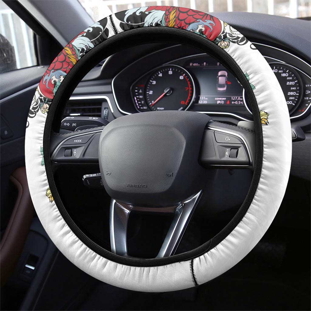 Hawaiian and Japanese Together Steering Wheel Cover Colorful Traditional Japanese Tattoo and Kakau Pattern White Color LT03 - Polynesian Pride