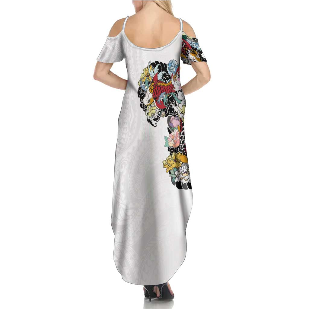 Hawaiian and Japanese Together Summer Maxi Dress Colorful Traditional Japanese Tattoo and Kakau Pattern White Color LT03 - Polynesian Pride