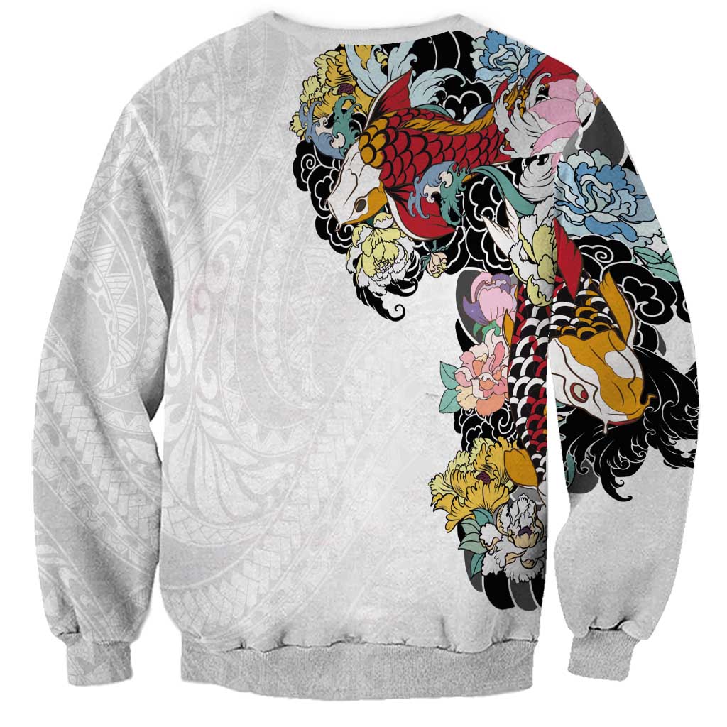 Hawaiian and Japanese Together Sweatshirt Colorful Traditional Japanese Tattoo and Kakau Pattern White Color LT03 - Polynesian Pride