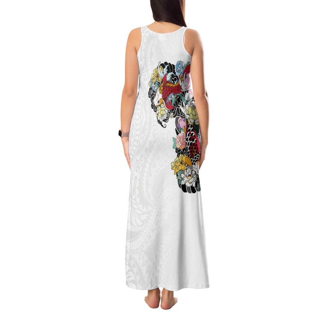 Hawaiian and Japanese Together Tank Maxi Dress Colorful Traditional Japanese Tattoo and Kakau Pattern White Color LT03 - Polynesian Pride