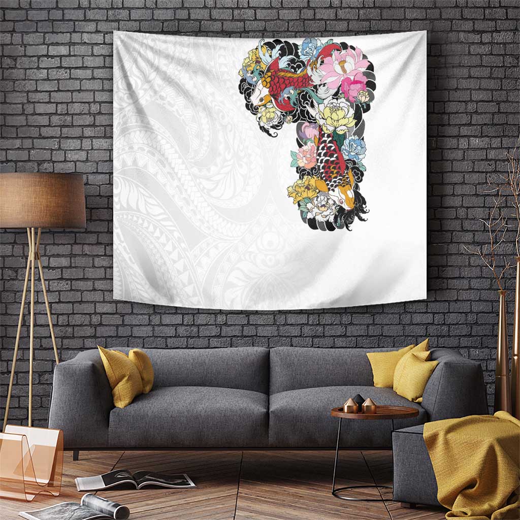 Hawaiian and Japanese Together Tapestry Colorful Traditional Japanese Tattoo and Kakau Pattern White Color LT03 - Polynesian Pride