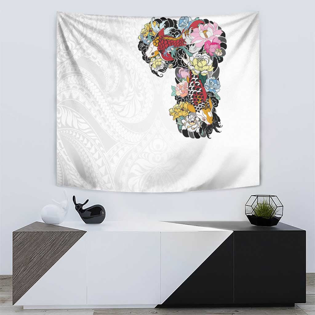 Hawaiian and Japanese Together Tapestry Colorful Traditional Japanese Tattoo and Kakau Pattern White Color LT03 - Polynesian Pride