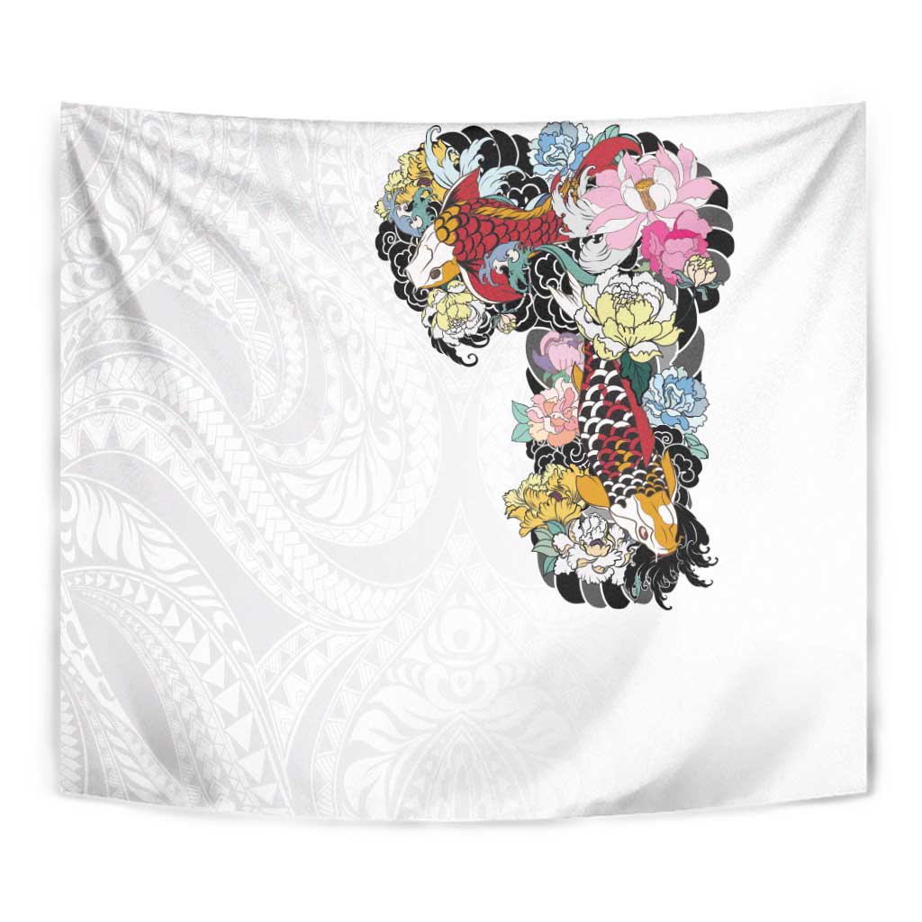 Hawaiian and Japanese Together Tapestry Colorful Traditional Japanese Tattoo and Kakau Pattern White Color LT03 - Polynesian Pride