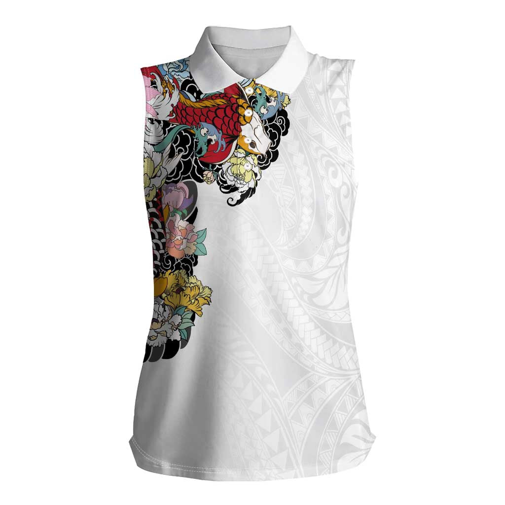 Hawaiian and Japanese Together Women Sleeveless Polo Shirt Colorful Traditional Japanese Tattoo and Kakau Pattern White Color LT03 Female White - Polynesian Pride