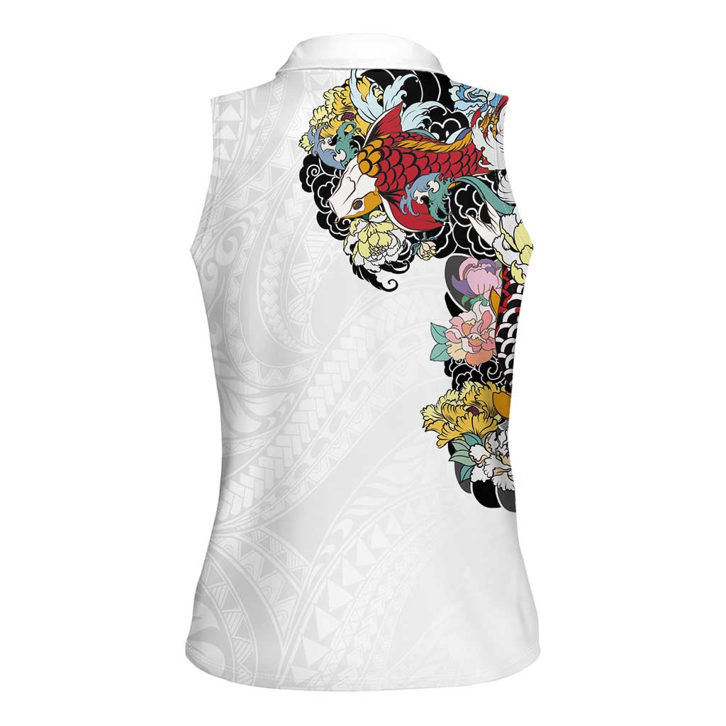 Hawaiian and Japanese Together Women Sleeveless Polo Shirt Colorful Traditional Japanese Tattoo and Kakau Pattern White Color LT03 - Polynesian Pride