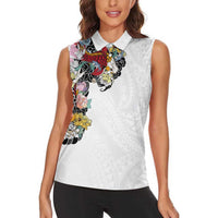 Hawaiian and Japanese Together Women Sleeveless Polo Shirt Colorful Traditional Japanese Tattoo and Kakau Pattern White Color LT03 - Polynesian Pride