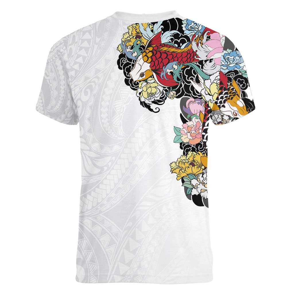 Hawaiian and Japanese Together Women V-Neck T-Shirt Colorful Traditional Japanese Tattoo and Kakau Pattern White Color LT03 - Polynesian Pride