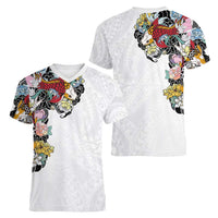 Hawaiian and Japanese Together Women V-Neck T-Shirt Colorful Traditional Japanese Tattoo and Kakau Pattern White Color LT03 - Polynesian Pride