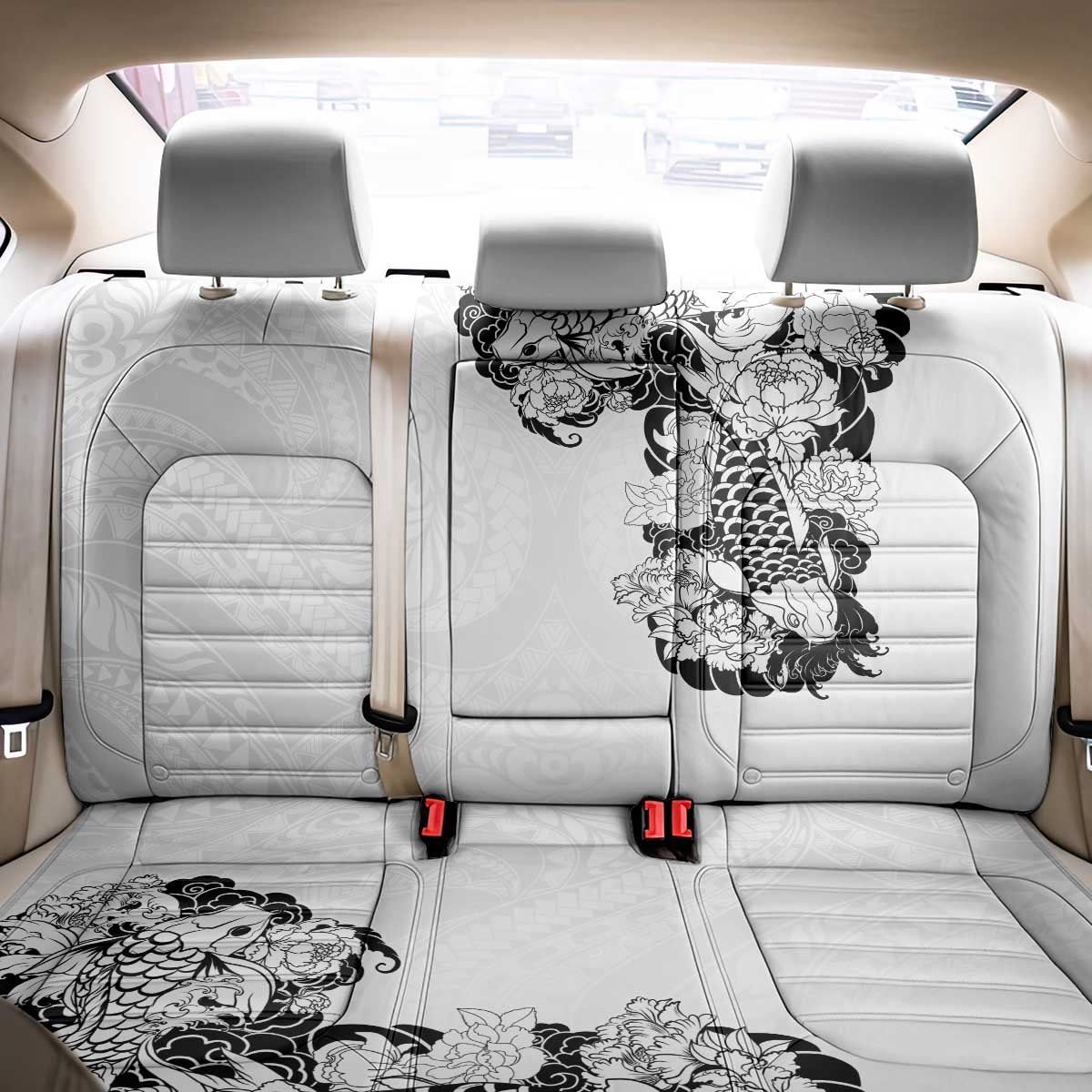 Hawaiian and Japanese Together Back Car Seat Cover Japanese Koi Fish Tattoo and Kakau Pattern White Color LT03 - Polynesian Pride