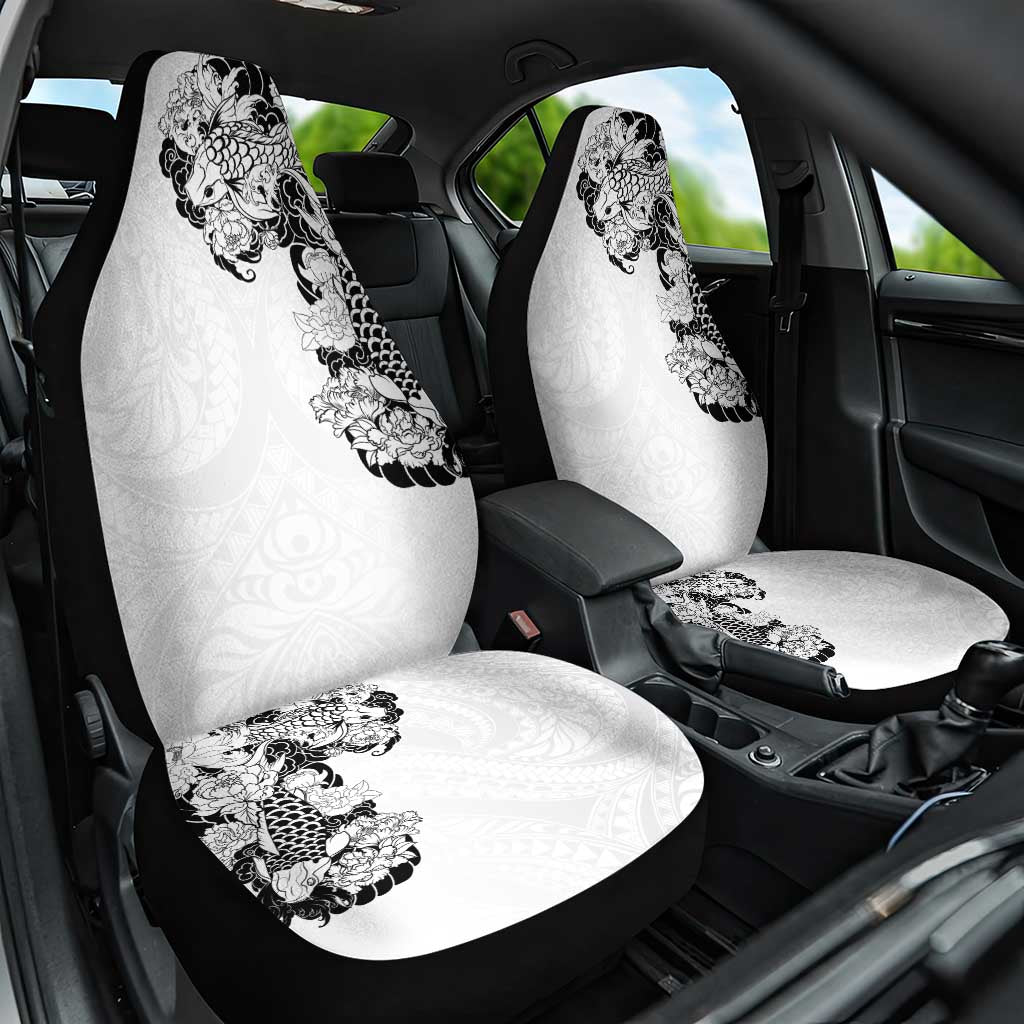 Hawaiian and Japanese Together Car Seat Cover Japanese Koi Fish Tattoo and Kakau Pattern White Color LT03 One Size White - Polynesian Pride