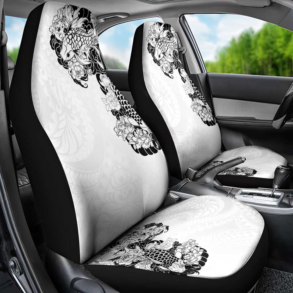 Hawaiian and Japanese Together Car Seat Cover Japanese Koi Fish Tattoo and Kakau Pattern White Color LT03 - Polynesian Pride