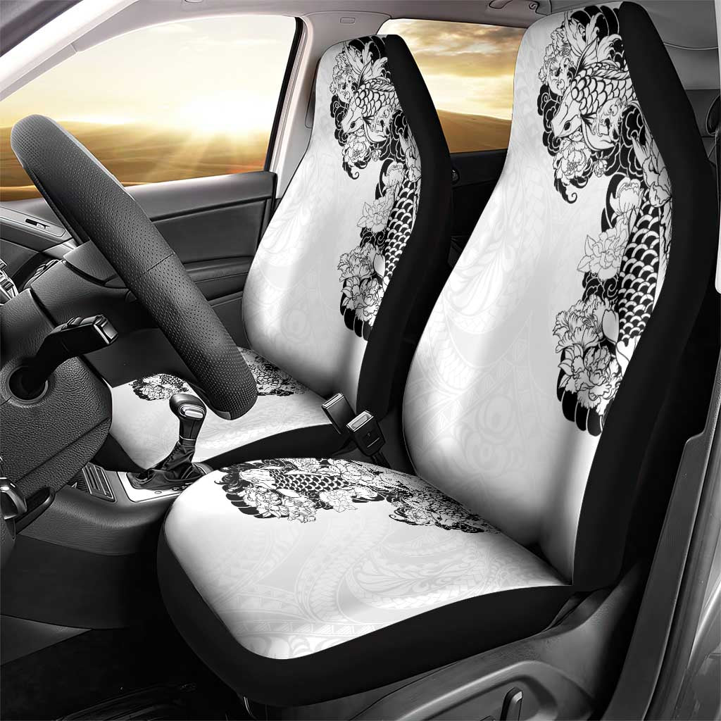 Hawaiian and Japanese Together Car Seat Cover Japanese Koi Fish Tattoo and Kakau Pattern White Color LT03 - Polynesian Pride