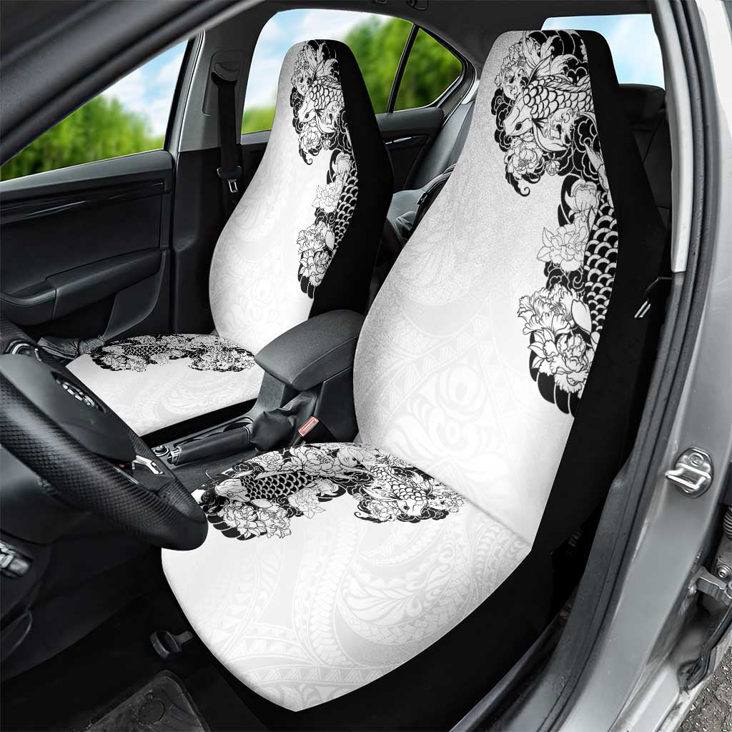 Hawaiian and Japanese Together Car Seat Cover Japanese Koi Fish Tattoo and Kakau Pattern White Color LT03 - Polynesian Pride