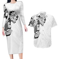 Hawaiian and Japanese Together Couples Matching Long Sleeve Bodycon Dress and Hawaiian Shirt Japanese Koi Fish Tattoo and Kakau Pattern White Color LT03 White - Polynesian Pride