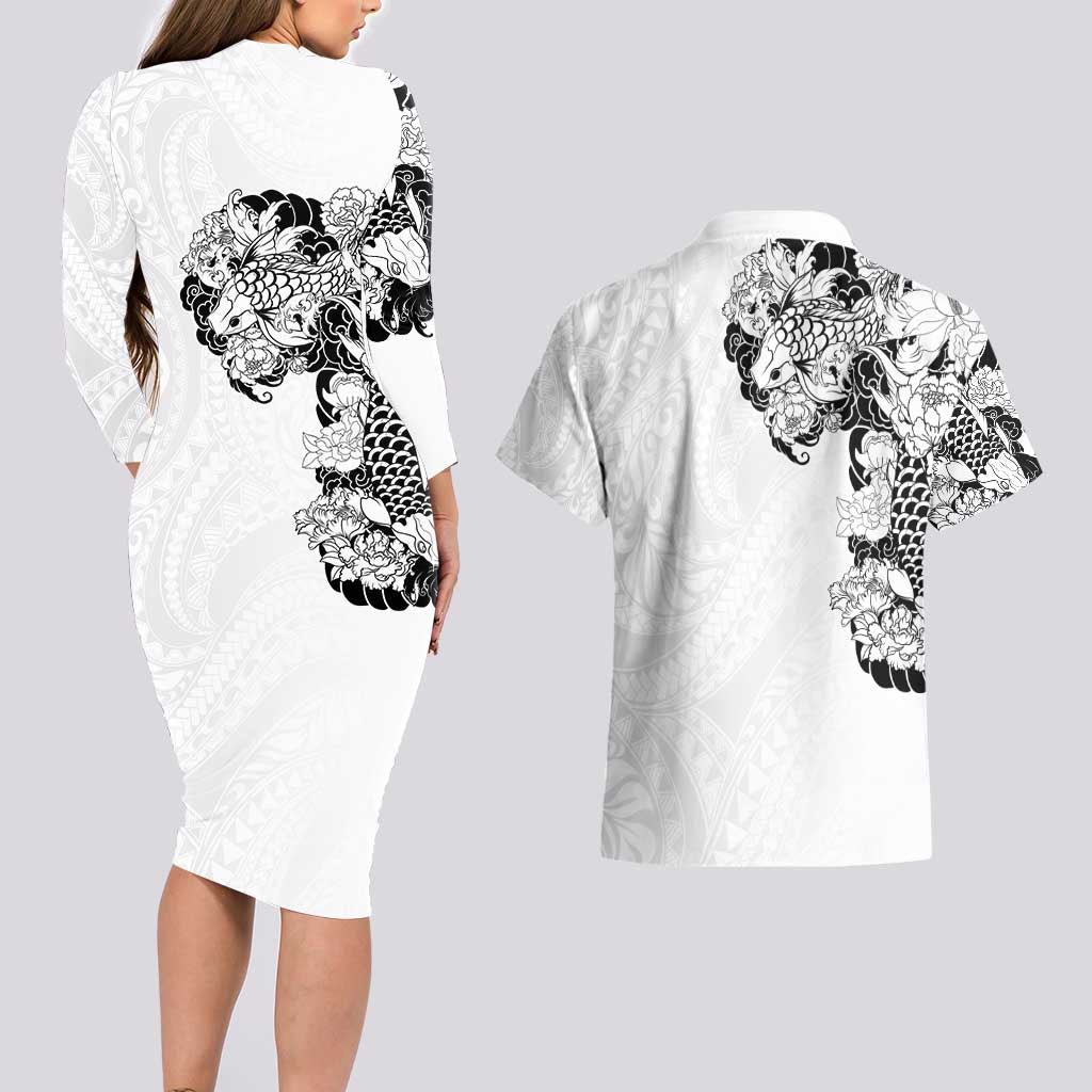 Hawaiian and Japanese Together Couples Matching Long Sleeve Bodycon Dress and Hawaiian Shirt Japanese Koi Fish Tattoo and Kakau Pattern White Color LT03 - Polynesian Pride