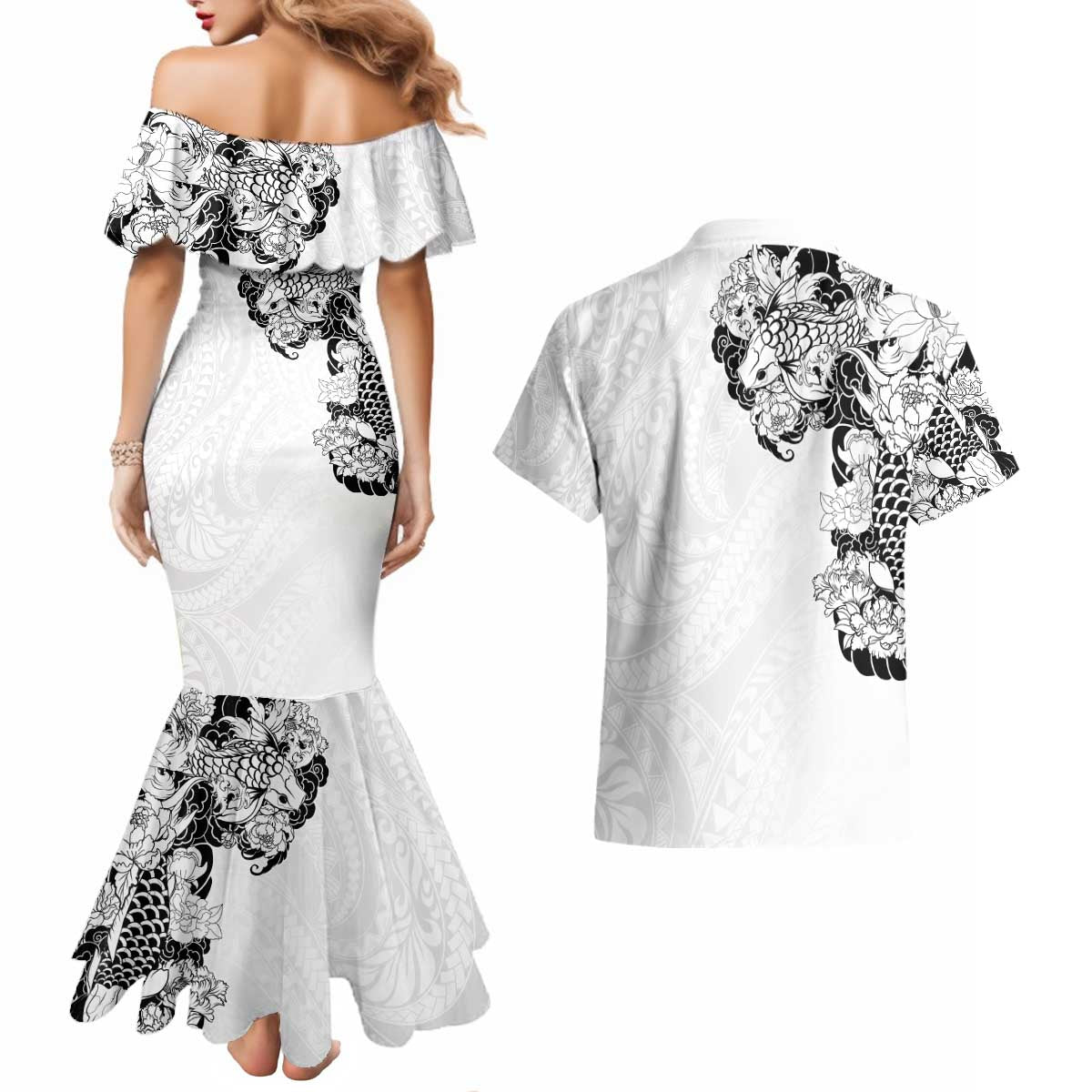 Hawaiian and Japanese Together Couples Matching Mermaid Dress and Hawaiian Shirt Japanese Koi Fish Tattoo and Kakau Pattern White Color LT03 - Polynesian Pride