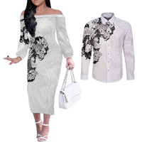 Hawaiian and Japanese Together Couples Matching Off The Shoulder Long Sleeve Dress and Long Sleeve Button Shirt Japanese Koi Fish Tattoo and Kakau Pattern White Color