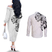 Hawaiian and Japanese Together Couples Matching Off The Shoulder Long Sleeve Dress and Long Sleeve Button Shirt Japanese Koi Fish Tattoo and Kakau Pattern White Color