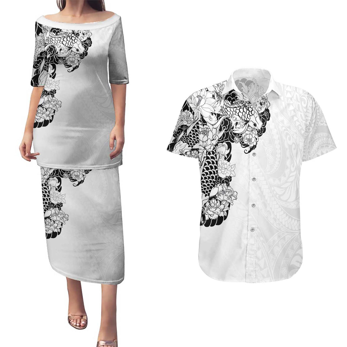Hawaiian and Japanese Together Couples Matching Puletasi and Hawaiian Shirt Japanese Koi Fish Tattoo and Kakau Pattern White Color LT03 White - Polynesian Pride