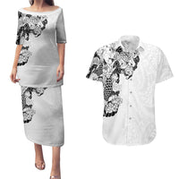 Hawaiian and Japanese Together Couples Matching Puletasi and Hawaiian Shirt Japanese Koi Fish Tattoo and Kakau Pattern White Color LT03 White - Polynesian Pride