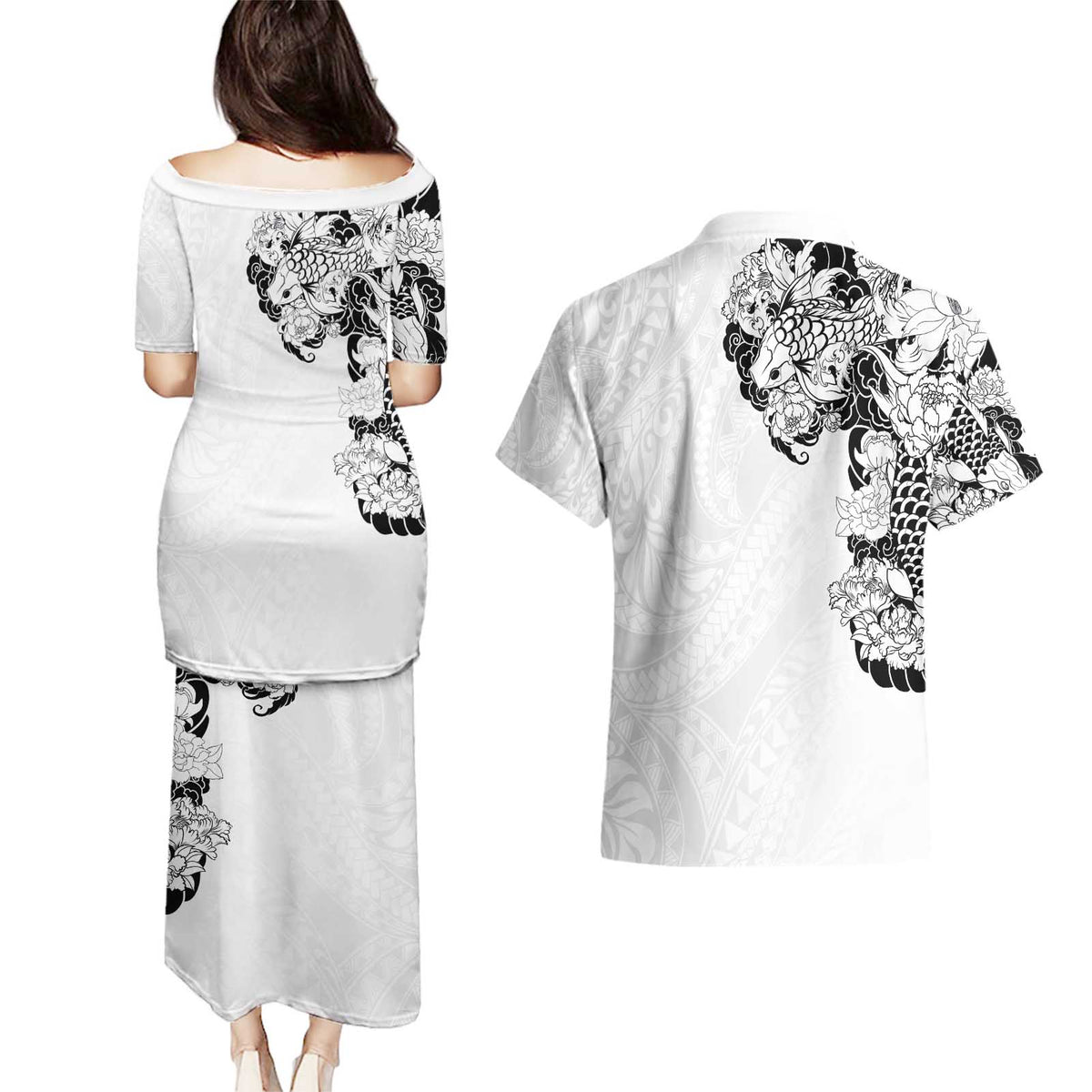 Hawaiian and Japanese Together Couples Matching Puletasi and Hawaiian Shirt Japanese Koi Fish Tattoo and Kakau Pattern White Color LT03 - Polynesian Pride