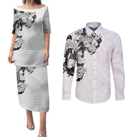 Hawaiian and Japanese Together Couples Matching Puletasi and Long Sleeve Button Shirt Japanese Koi Fish Tattoo and Kakau Pattern White Color LT03 White - Polynesian Pride