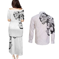 Hawaiian and Japanese Together Couples Matching Puletasi and Long Sleeve Button Shirt Japanese Koi Fish Tattoo and Kakau Pattern White Color LT03 - Polynesian Pride