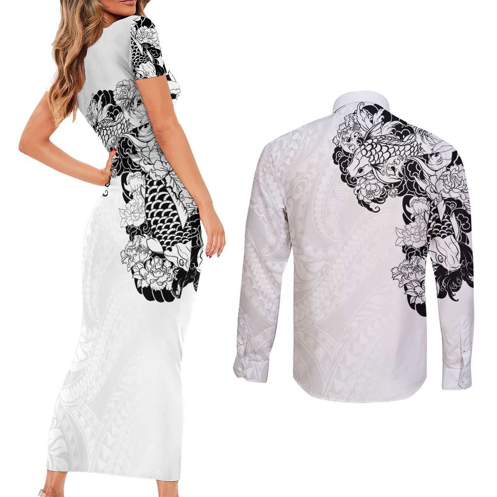 Hawaiian and Japanese Together Couples Matching Short Sleeve Bodycon Dress and Long Sleeve Button Shirt Japanese Koi Fish Tattoo and Kakau Pattern White Color