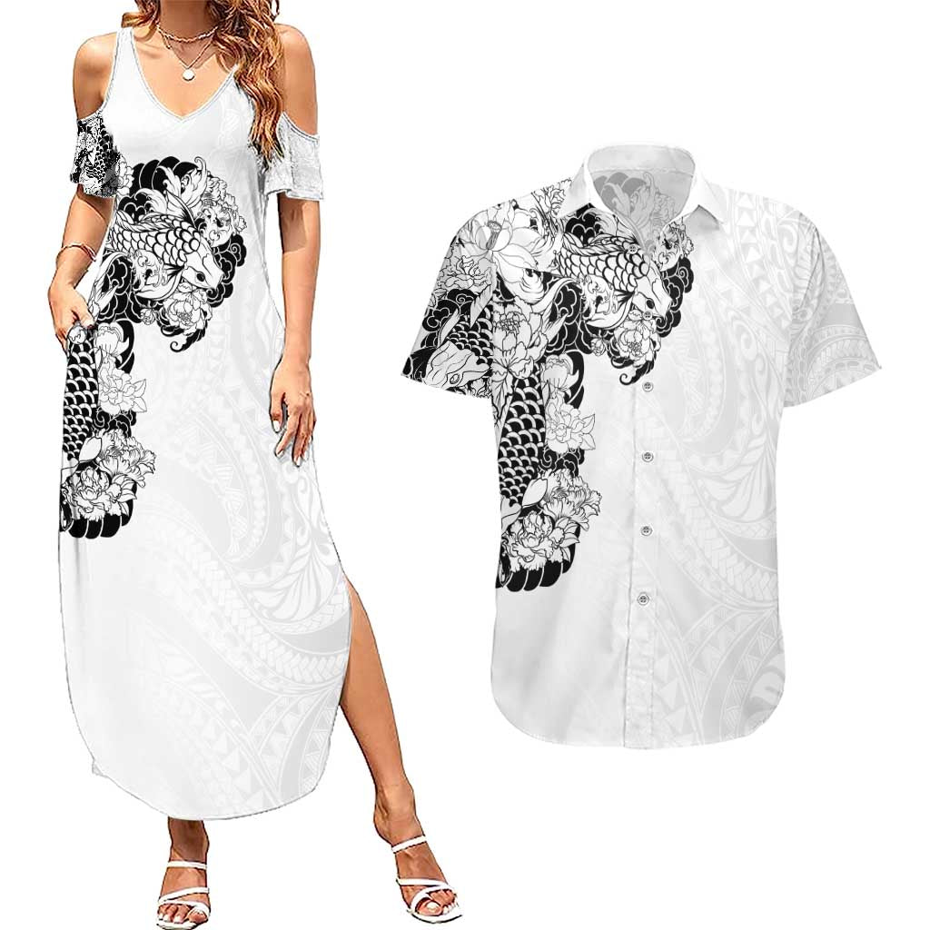Hawaiian and Japanese Together Couples Matching Summer Maxi Dress and Hawaiian Shirt Japanese Koi Fish Tattoo and Kakau Pattern White Color