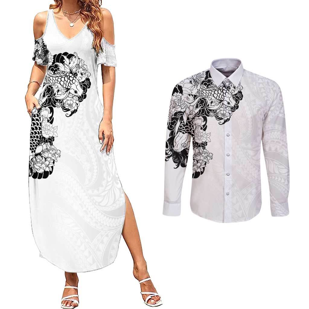 Hawaiian and Japanese Together Couples Matching Summer Maxi Dress and Long Sleeve Button Shirt Japanese Koi Fish Tattoo and Kakau Pattern White Color