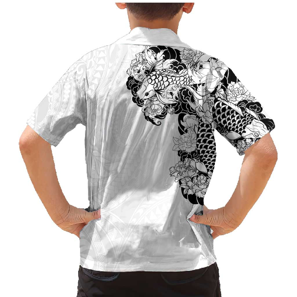 Hawaiian and Japanese Together Family Matching Mermaid Dress and Hawaiian Shirt Japanese Koi Fish Tattoo and Kakau Pattern White Color LT03 - Polynesian Pride