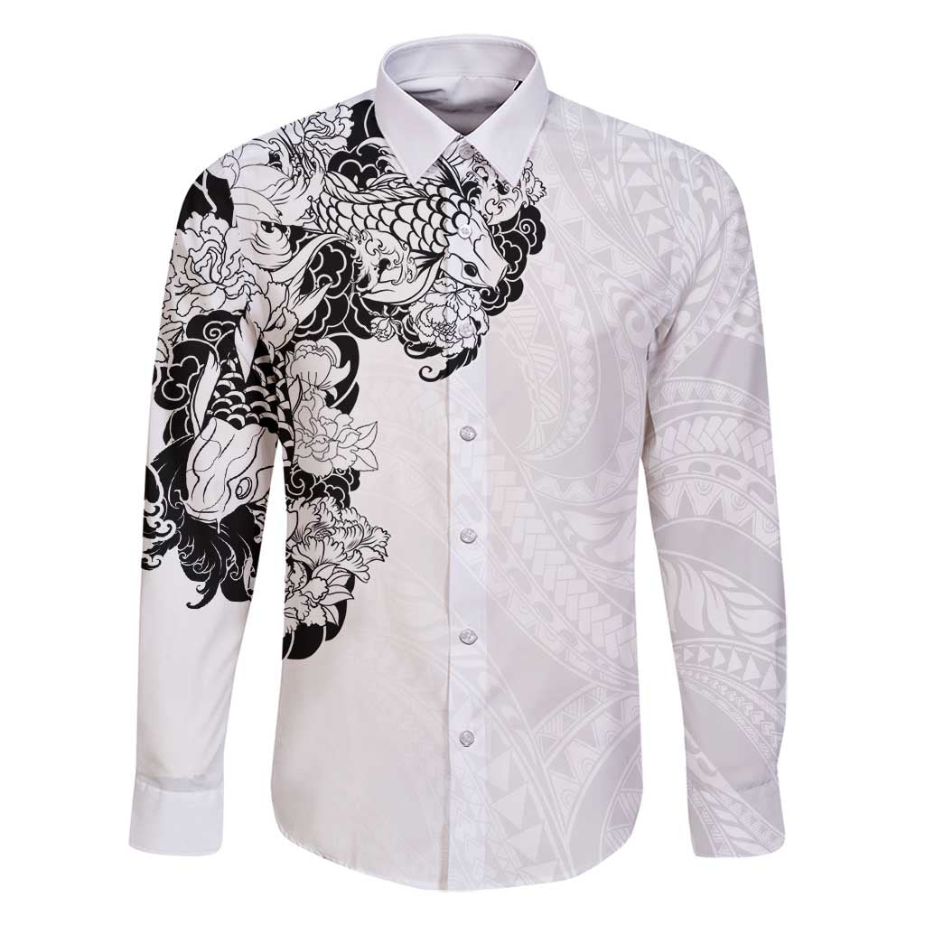 Hawaiian and Japanese Together Family Matching Mermaid Dress and Hawaiian Shirt Japanese Koi Fish Tattoo and Kakau Pattern White Color LT03 Dad's Shirt - Long Sleeve White - Polynesian Pride