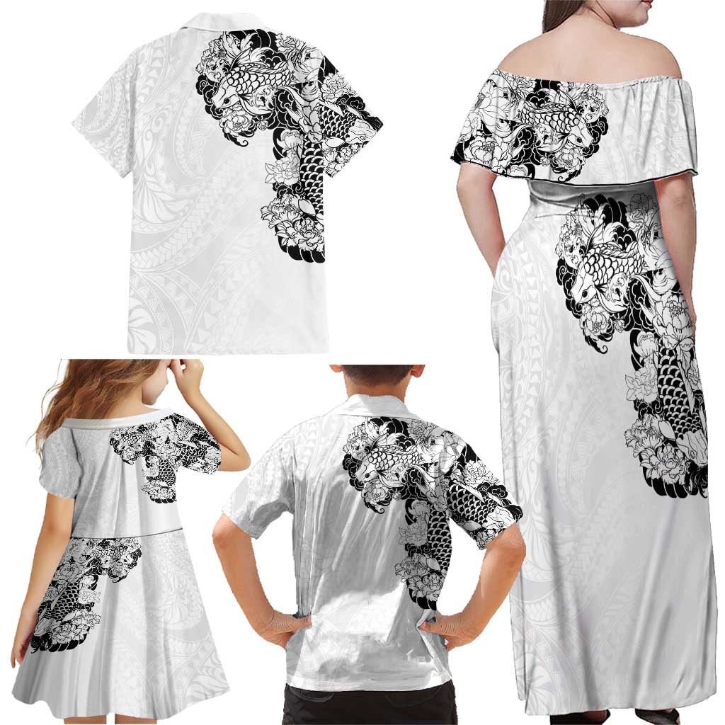Hawaiian and Japanese Together Family Matching Off Shoulder Maxi Dress and Hawaiian Shirt Japanese Koi Fish Tattoo and Kakau Pattern White Color LT03 - Polynesian Pride