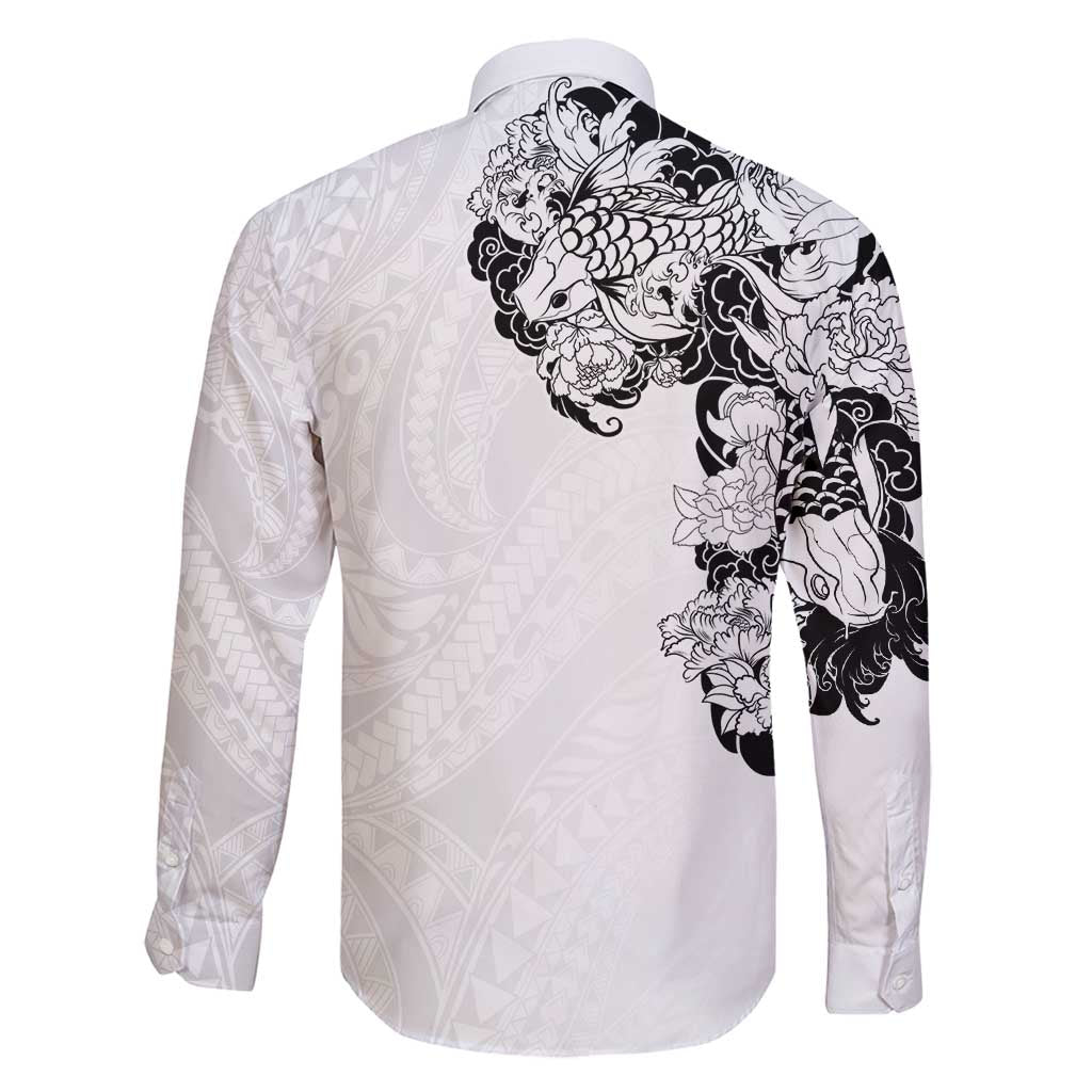 Hawaiian and Japanese Together Family Matching Off Shoulder Maxi Dress and Hawaiian Shirt Japanese Koi Fish Tattoo and Kakau Pattern White Color LT03 - Polynesian Pride