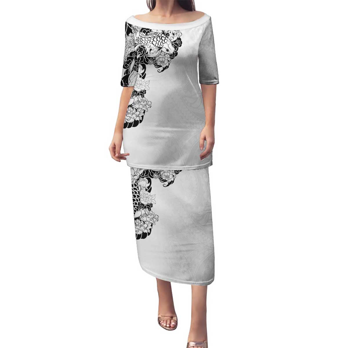 Hawaiian and Japanese Together Family Matching Puletasi and Hawaiian Shirt Japanese Koi Fish Tattoo and Kakau Pattern White Color LT03 Mom's Dress White - Polynesian Pride