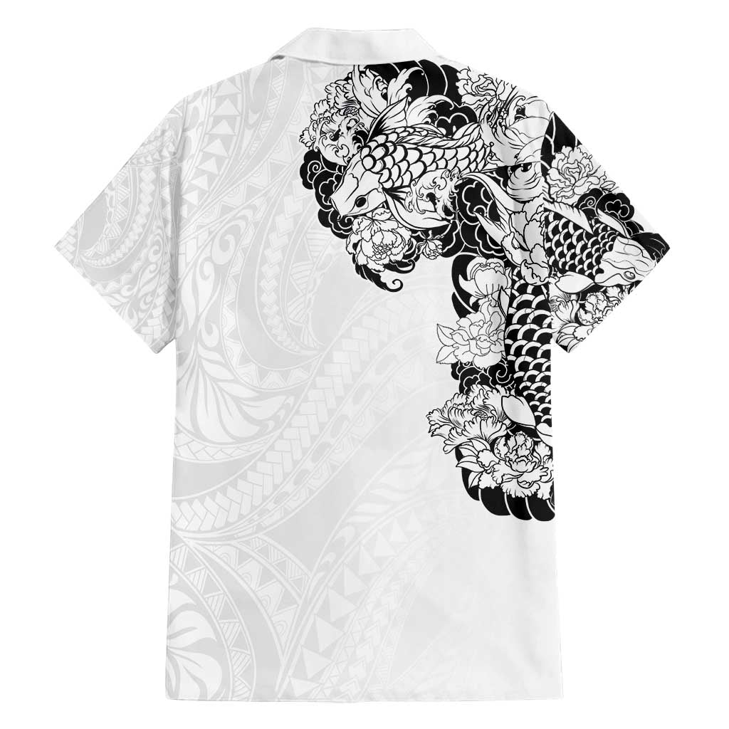 Hawaiian and Japanese Together Family Matching Summer Maxi Dress and Hawaiian Shirt Japanese Koi Fish Tattoo and Kakau Pattern White Color