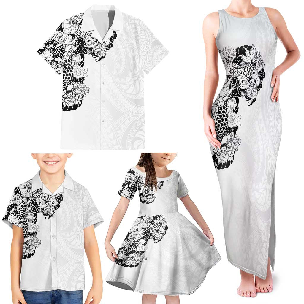 Hawaiian and Japanese Together Family Matching Tank Maxi Dress and Hawaiian Shirt Japanese Koi Fish Tattoo and Kakau Pattern White Color