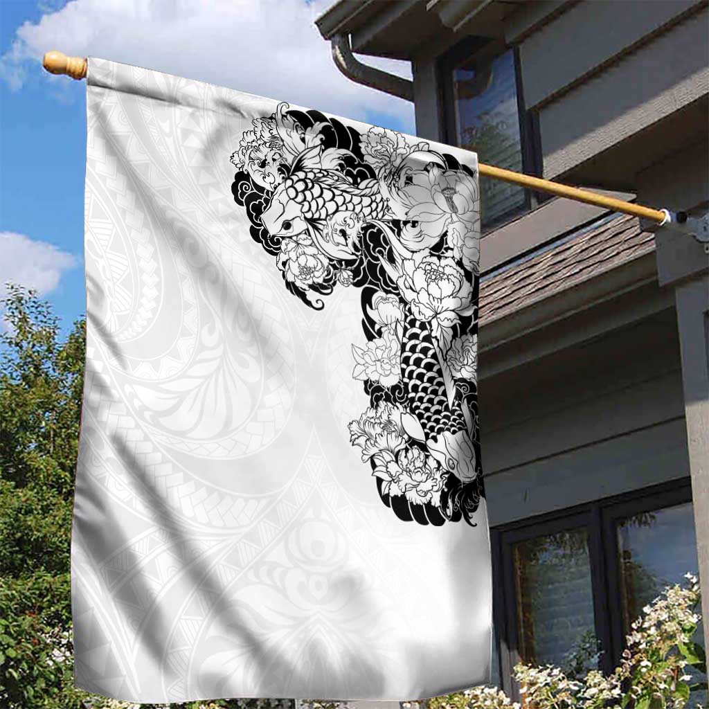 Hawaiian and Japanese Together Garden Flag Japanese Koi Fish Tattoo and Kakau Pattern White Color LT03 - Polynesian Pride