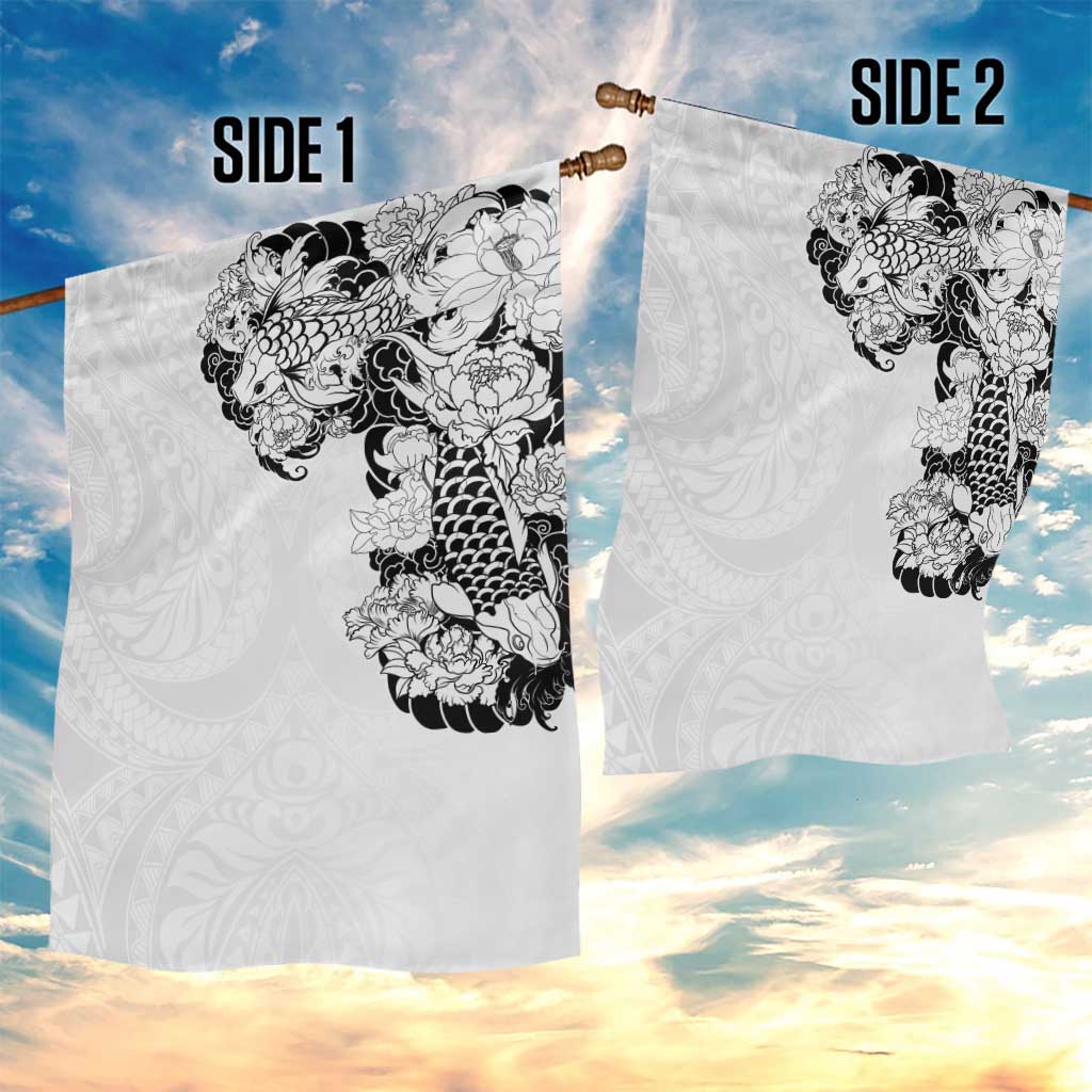 Hawaiian and Japanese Together Garden Flag Japanese Koi Fish Tattoo and Kakau Pattern White Color LT03 - Polynesian Pride