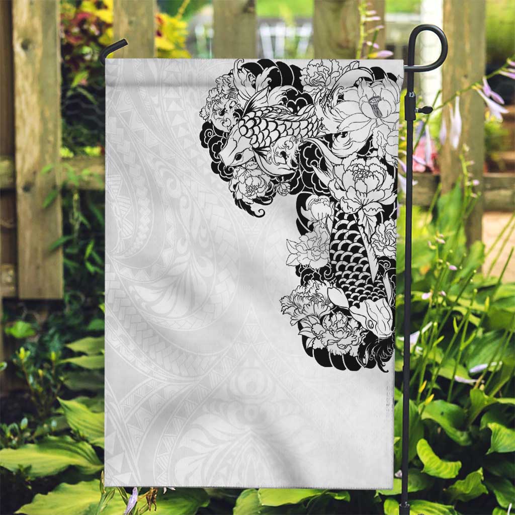 Hawaiian and Japanese Together Garden Flag Japanese Koi Fish Tattoo and Kakau Pattern White Color LT03 Garden Flag White - Polynesian Pride