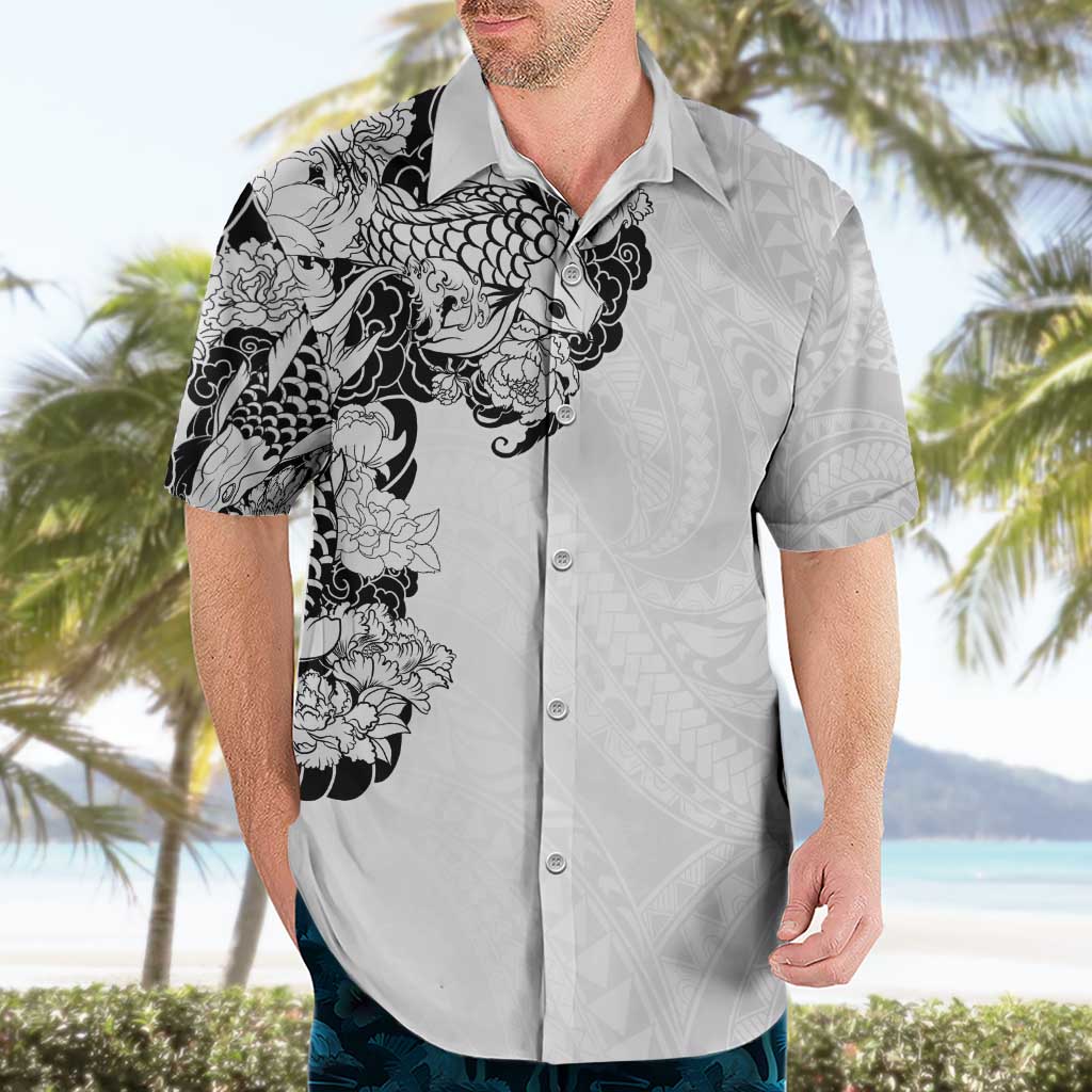 Hawaiian and Japanese Together Hawaiian Shirt Japanese Koi Fish Tattoo and Kakau Pattern White Color LT03 - Polynesian Pride