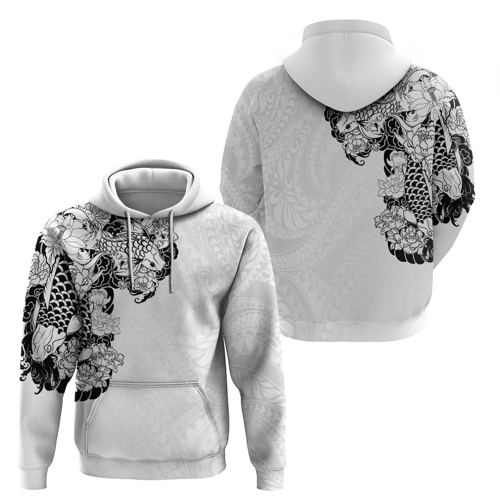 Hawaiian and Japanese Together Hoodie Japanese Koi Fish Tattoo and Kakau Pattern White Color LT03 - Polynesian Pride