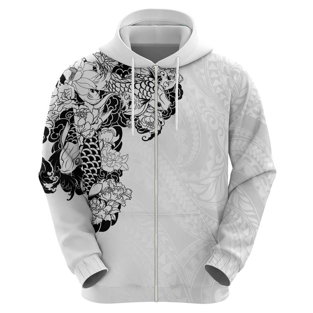 Hawaiian and Japanese Together Hoodie Japanese Koi Fish Tattoo and Kakau Pattern White Color LT03 - Polynesian Pride