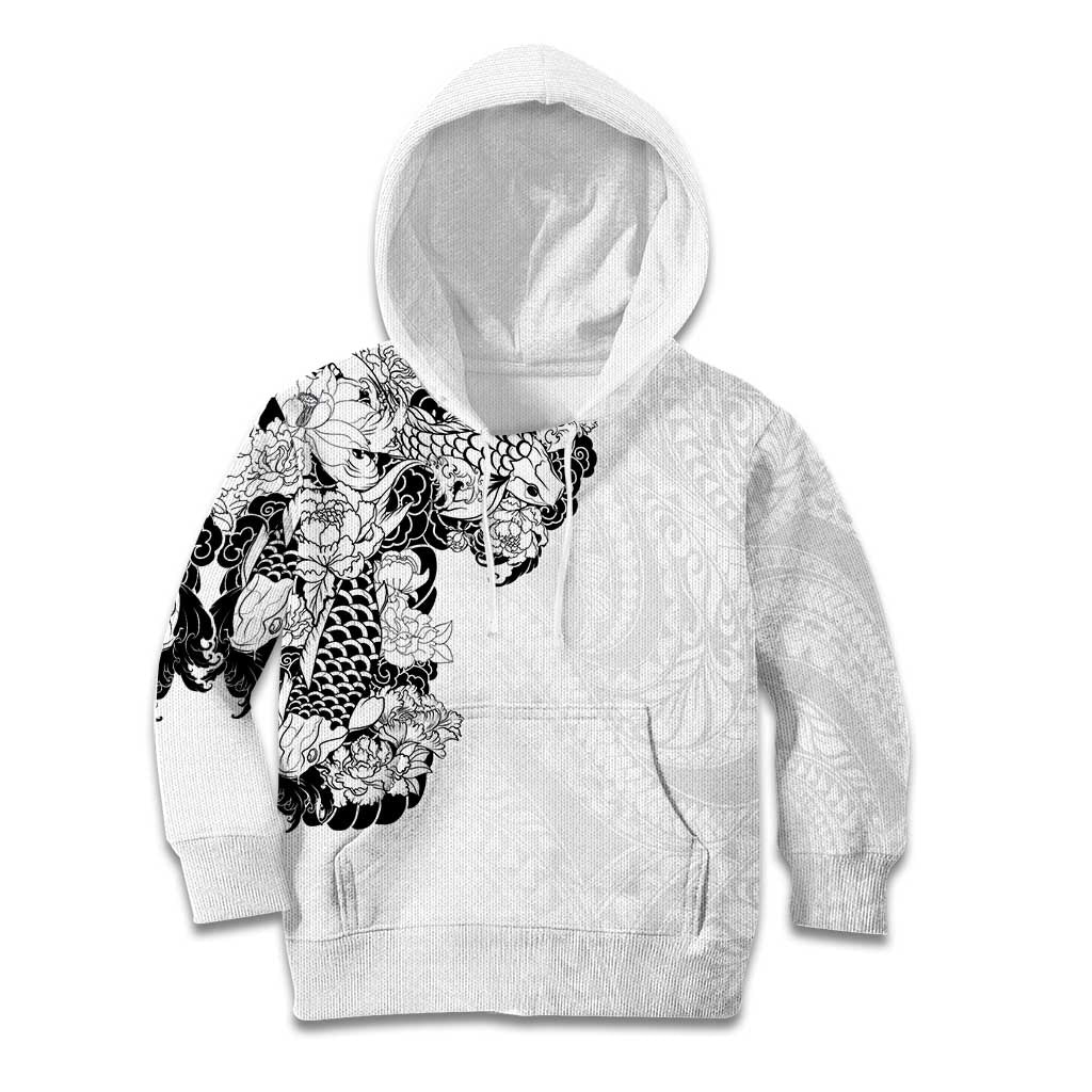 Hawaiian and Japanese Together Kid Hoodie Japanese Koi Fish Tattoo and Kakau Pattern White Color LT03 Hoodie White - Polynesian Pride