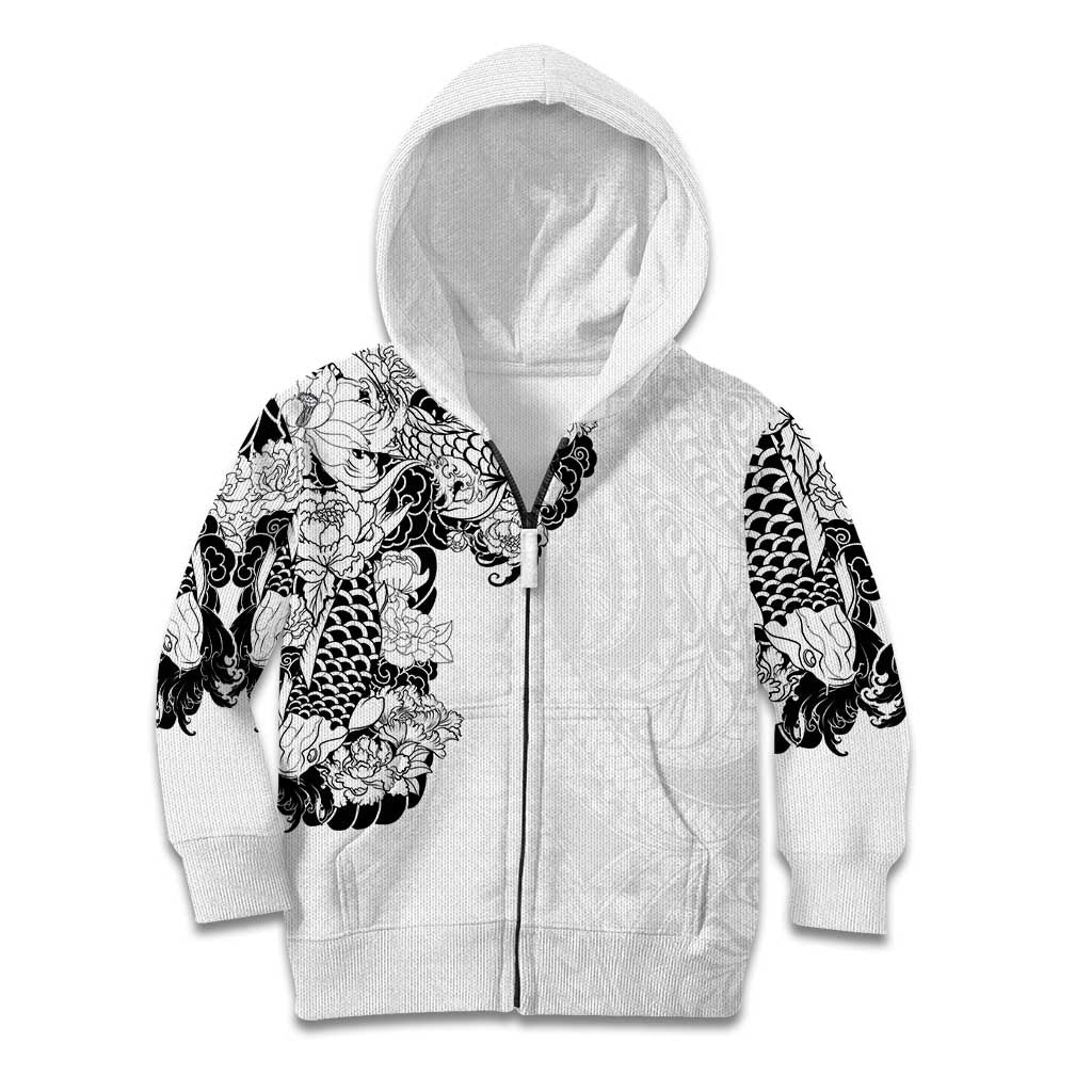 Hawaiian and Japanese Together Kid Hoodie Japanese Koi Fish Tattoo and Kakau Pattern White Color LT03 Zip Hoodie White - Polynesian Pride