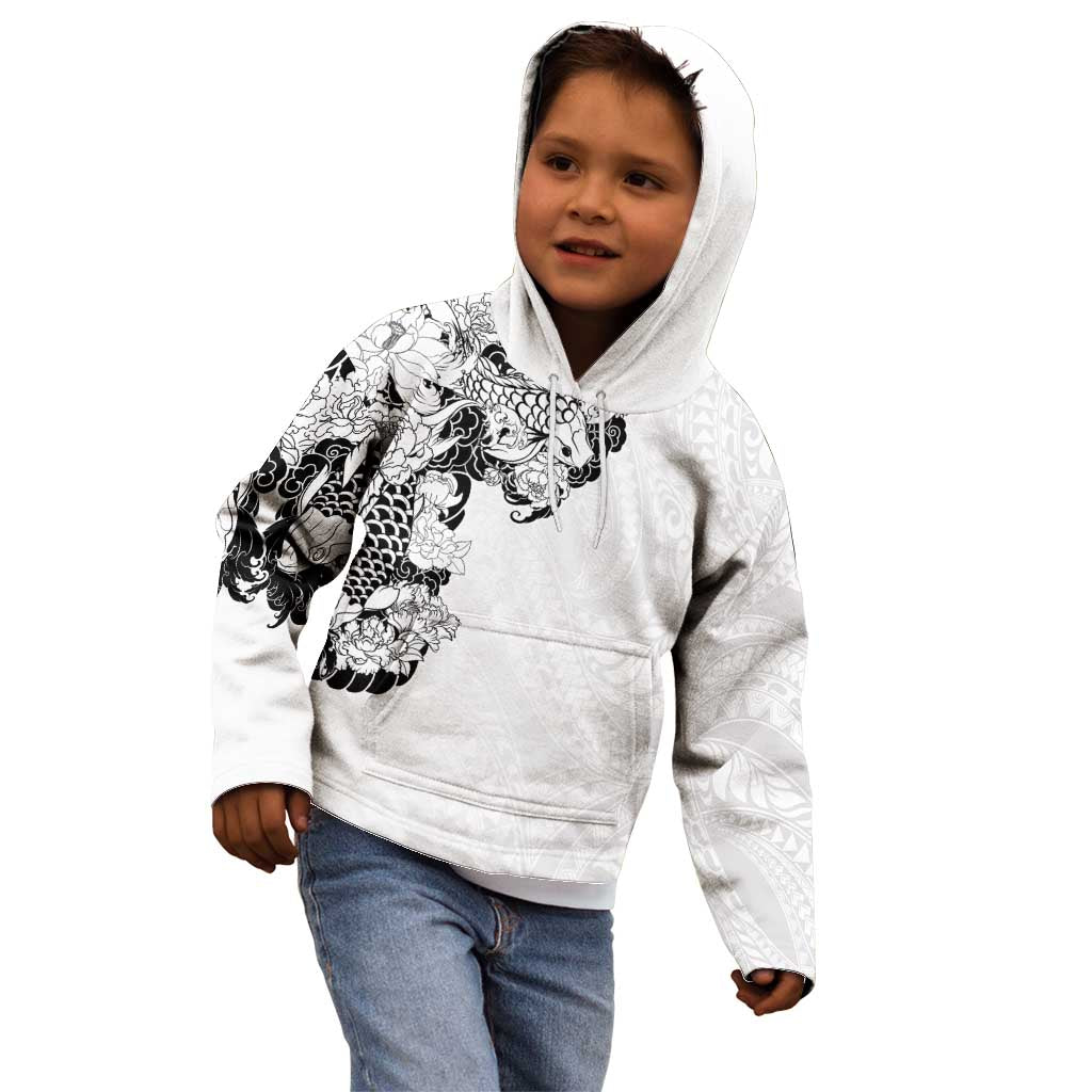 Hawaiian and Japanese Together Kid Hoodie Japanese Koi Fish Tattoo and Kakau Pattern White Color LT03 - Polynesian Pride