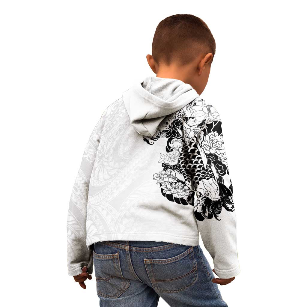 Hawaiian and Japanese Together Kid Hoodie Japanese Koi Fish Tattoo and Kakau Pattern White Color LT03 - Polynesian Pride